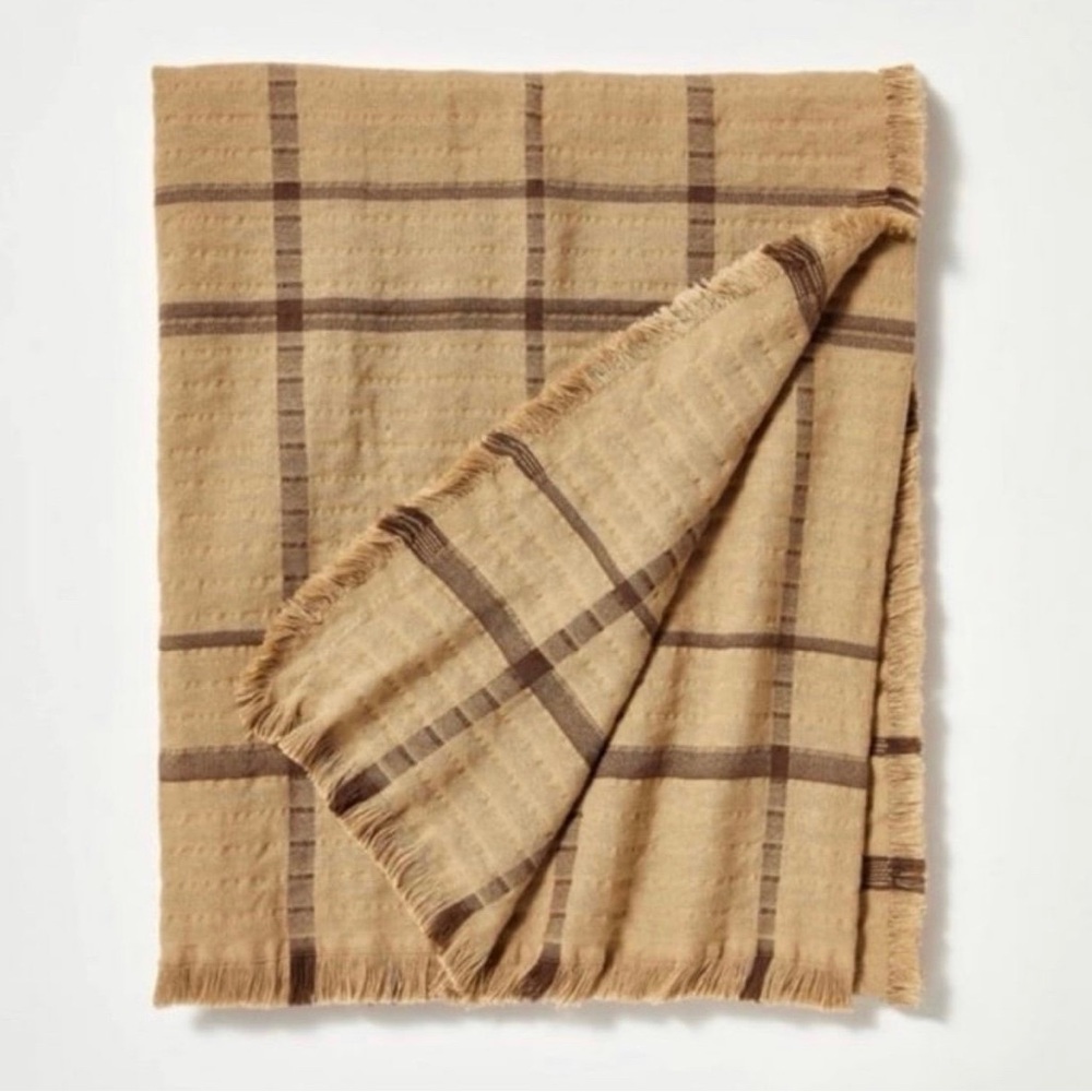 Threshold Studio Mcgee Plaid Gauze Brown Throw with Frayed Edges Brown 50"x60"